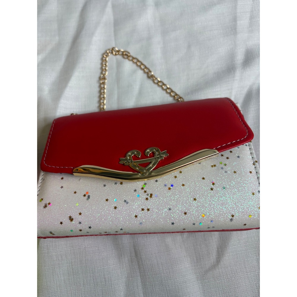 Red and White Glitter Star Heart Emblem Evening Clutch with Gold Chain Strap